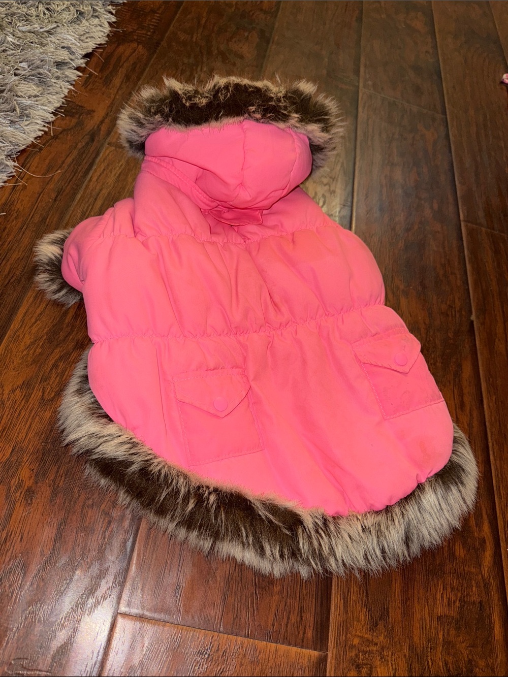 Pink Puffer Dog Coat with Faux Fur Trim Size M